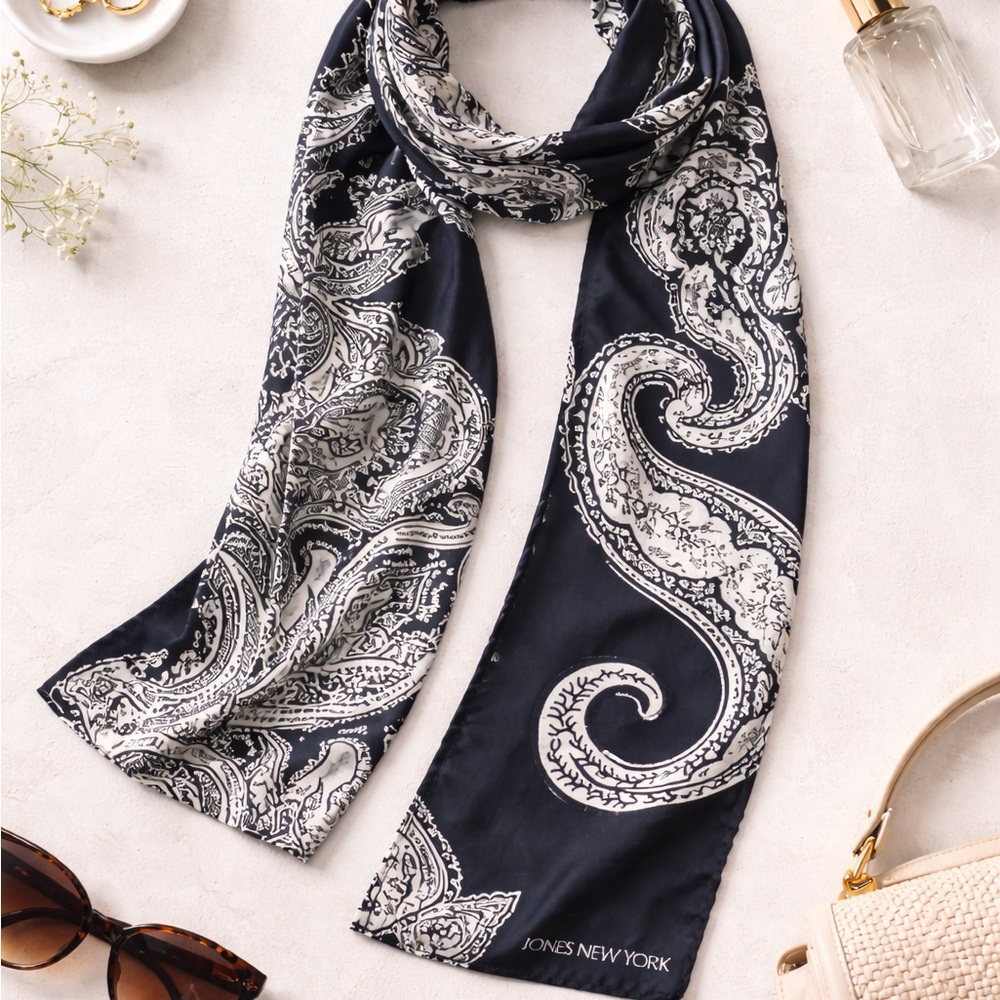 Jones New York 100% Silk Scarf – Black & White Paisley – 58x10”